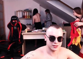 Coed amateur teens group sex in dorm room