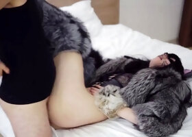 Fur coat fetish! Furry foxy fuck in fursuit, fur coat, foxtail anal plug. ROLEPLAY